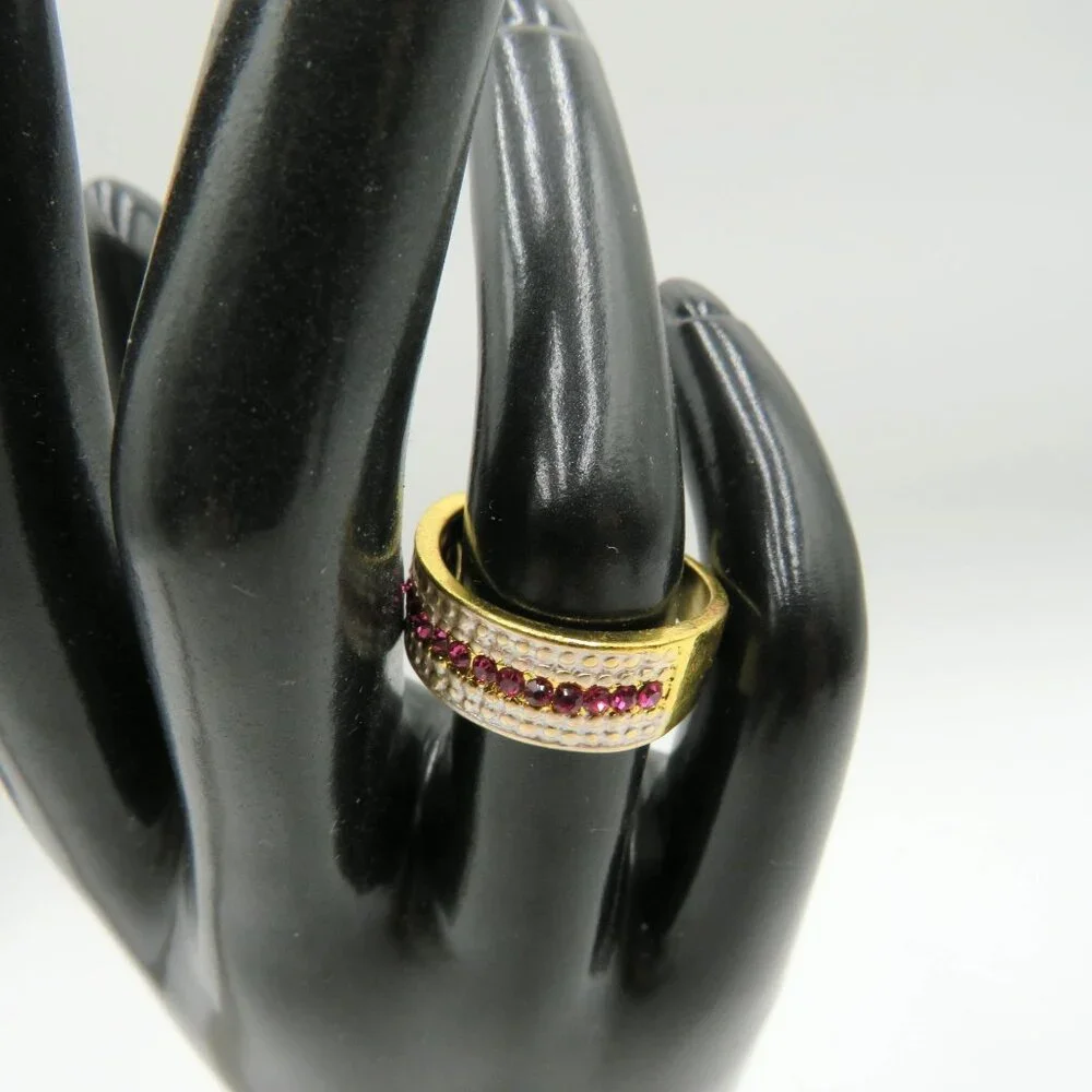 Wide Band Ring Womens‎ Size 6 Imitation Ruby Red Rhinestones Gold Silver Tone